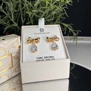 House of Harlow 1960 Gold Bow Drop Earrings Cubic Zirconia NWT